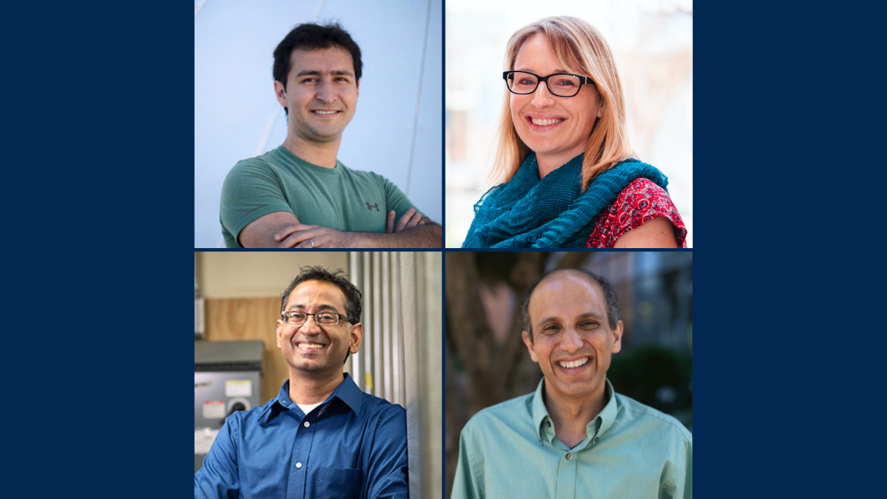 Four faculty members against a blue background