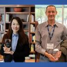 composite image of Tracy Liu and Stephan Schell holding their alumni awards 